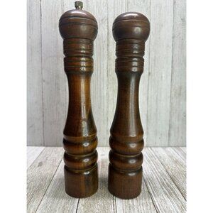 Vtg Dark Brown Wooden Salt & Pepper Shaker Mill Grinder Japan 10" Set of 2 MCM